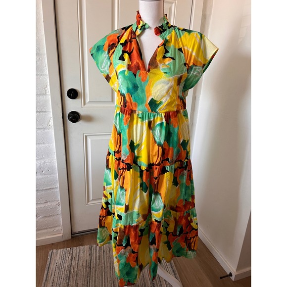 Pinch Dresses & Skirts - PINCH Floral Tiered Midi Dress Yellow Green Orange Cotton Flutter Sleeve Small